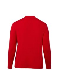 Koszula z długim rękawem w intensywnej czerwieni, wykonana z miękkiego materiału o gładkiej fakturze. Posiada okrągły dekolt i dopasowane rękawy bez widocznych szwów.