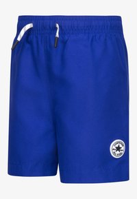 Blå badeshorts laget av lett materiale, med elastisk midjebånd med snor og en hvit logopatch foran.