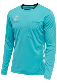 Turkise langærmet sports t-shirt med to forlommer, sort halsudskæring og hvide chevron-detaljer langs siden. Fremstillet af glat, let materiale.