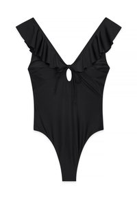 Črn enodelni kopalni kostim z globokim V-izrezom, z naborkom na ramenih, zavezovanjem na hrbtu in visoko izrezanimi hlačkami. Gladka tekstura tkanine.