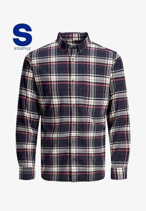 Camicia da uomo a quadri in blu navy, rosso e grigio. Colletto con bottoni, maniche lunghe, tasca frontale e tessuto di cotone strutturato con motivo a quadretti.