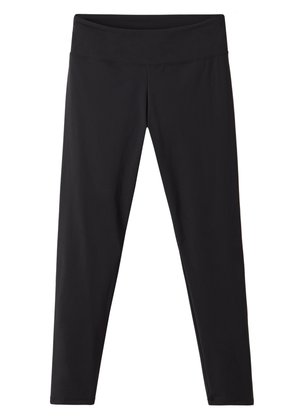 Svarta leggings med hög midja, tillverkade av stretchigt tyg, med en slät yta och en figursydd design som smalnar av vid anklarna.