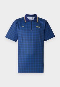 Blåternet polo skjorte med korte ærmer, en lynlås krave og gule accenter. Har et logo på venstre side og en glat tekstur.