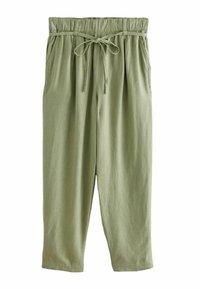 Pantaloni verde chiaro, dalla vestibilità comoda, con cintura elastica e cordoncino regolabile. Presentano tasche laterali e un tessuto liscio e testurizzato.