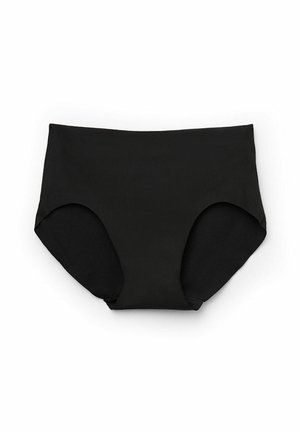 Černé vysoké kalhotky vyrobené z hladké tkaniny, s širokými stranami a plným zadním dílem pro pokrytí a pohodlí.