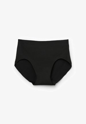 Černé vysoké kalhotky vyrobené z hladké tkaniny, s širokými stranami a plným zadním dílem pro pokrytí a pohodlí.