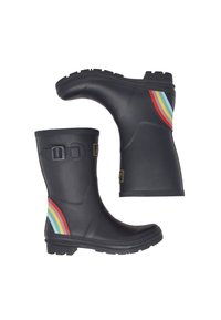 Svarta gummistövlar med en färgglad randig detalj i rött, blått, gult och grönt, med en sidspänne och texturerad greppsula.