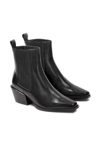 Black leather ankle boots with elastic side panels, pointed toe, and stacked heel. Smooth texture with minimal detailing and pull tabs.