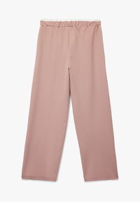 Rosa weit geschnittene Hose mit elastischem Bund und einer glatten, weichen Textur. Das Design ist minimalistisch, ohne Muster oder sichtbare Beschläge.