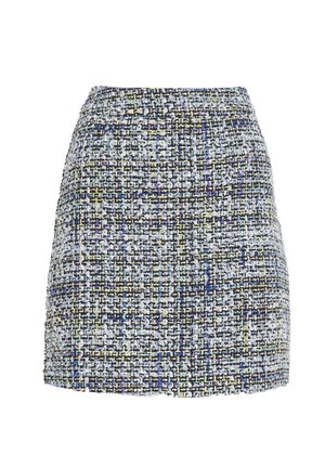 Gonna mini tessuta in un tessuto tweed multicolore caratterizzato da filati blu, gialli e neri; forma aderente con una texture liscia.