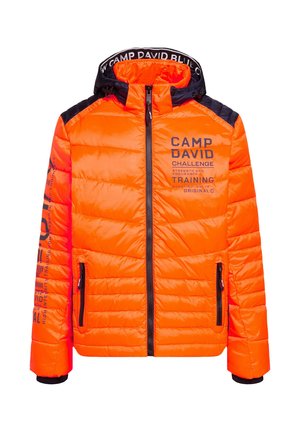 Gefütterte Jacke in leuchtendem Orange mit schwarzen Akzenten. Bietet einen Reißverschluss vorne und Taschen, Logo-Prints auf den Ärmeln und der Brust. Gestepptes Material.