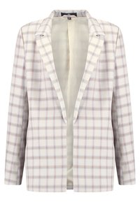 Blazer présentant un tissu léger à motif à carreaux beige et bleu. Revers crantés, devant ouvert et manches longues. Intérieur doublé.