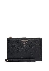 Billetera de cuero negro con patrón texturizado, cierre de cremallera y acento de triángulo metálico con logo. Incluye una correa de muñeca desmontable.