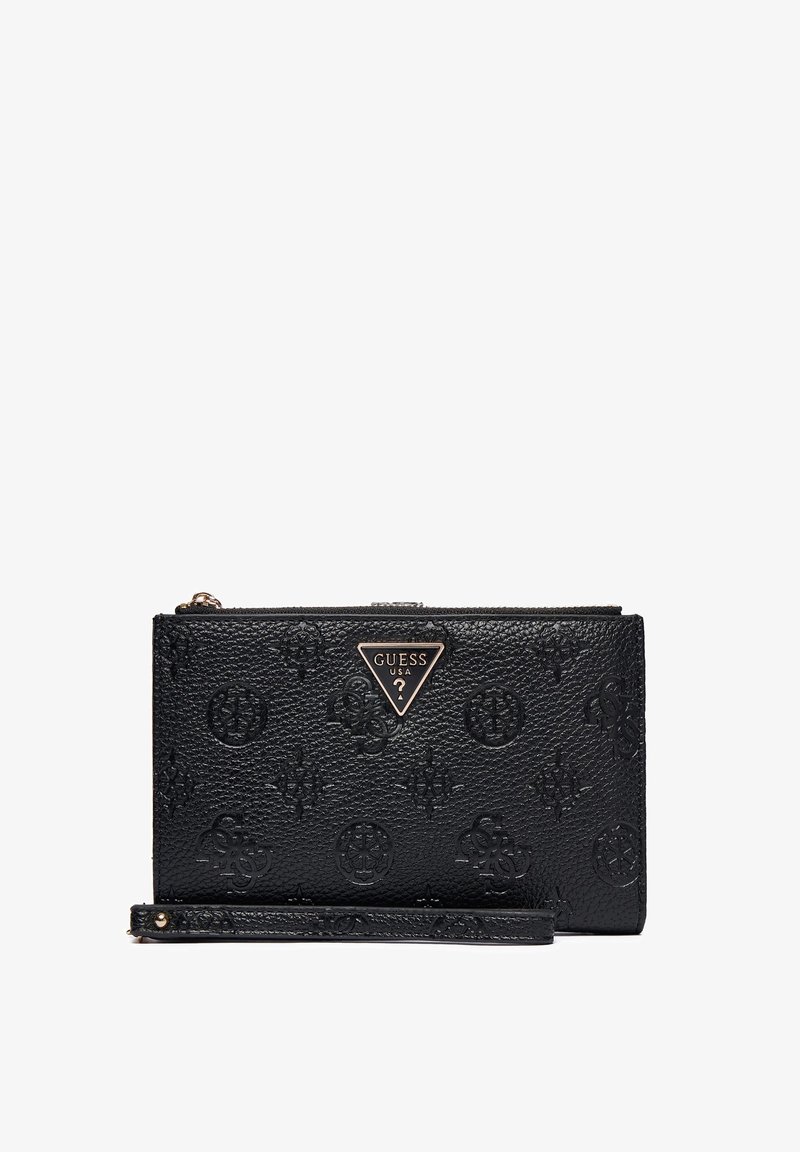 Portefeuille en cuir noir avec un motif texturé, fermeture éclair et accent triangle en métal. Comprend une bandoulière amovible.