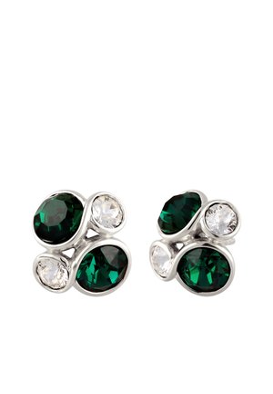 Boucles d'oreilles clous en argent, chacune ornée de deux pierres précieuses rondes vert foncé et deux claires, disposées de manière asymétrique.