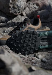 Light brown and black hiking shoe with deep tread sole resting on rocky ground outdoors.