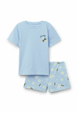 Ensemble de pyjama pour enfants bleu clair avec manches courtes, une abeille et le mot « Honey » sur le t-shirt, et un short décoré d'abeilles et de marguerites blanches.