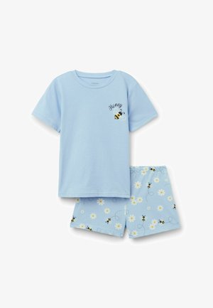 Ensemble de pyjama pour enfants bleu clair avec manches courtes, une abeille et le mot « Honey » sur le t-shirt, et un short décoré d'abeilles et de marguerites blanches.