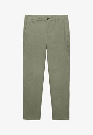 Pantaloni in lino verde chiaro con taglio dritto, chiusura a bottone e due tasche laterali. Texture liscia e design minimalista senza decorazioni.