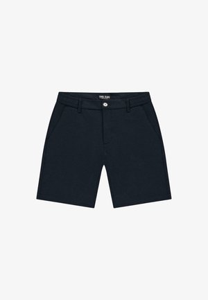 Marineblauwe shorts gemaakt van een katoenmix stof, met riemlussen, steekzakken aan de voorkant en een knoopsluiting in de tailleband.