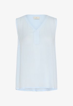 Jasnoniebieska bezrękawnikowa bluzka z dekoltem w kształcie litery V i centralnym zakładką, wykonana z miękkiego, lekkiego materiału. Charakteryzuje się prostym krojem i subtelnym połyskiem.