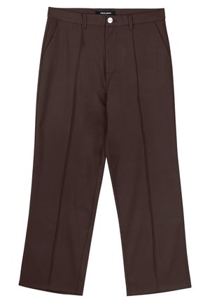 Brown straight-leg trousers with front creases, side pockets, belt loops, and a branded button closure at the waist.