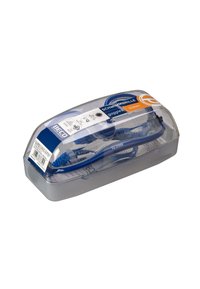 Blauwe zwembril in een doorzichtige hoes. Voorzien van zachte siliconen afdichtingen en verstelbare banden. Verpakking toont productinformatie duidelijk.