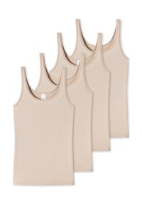 Set di quattro canotte beige, realizzate in tessuto a coste, caratterizzate da spalline larghe e scollo rotondo, con una texture liscia e morbida.