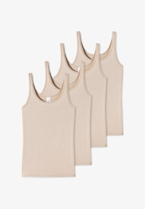 Set di quattro canotte beige, realizzate in tessuto a coste, caratterizzate da spalline larghe e scollo rotondo, con una texture liscia e morbida.