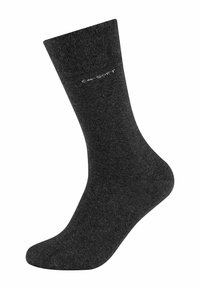 Dunkelgraue Baumwollsocke mit geripptem Bündchen, glatter Textur, verstärktem Fersen- und Zehenbereich und kleinem weißen Logo auf der Oberseite.