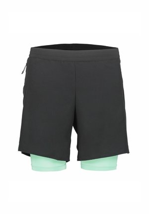 Schwarze athletische Shorts mit mintgrünen Kompressions-Innenleggings darunter, Reißverschlusstasche an der Seite, vor weißem Hintergrund gezeigt.