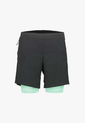 Schwarze athletische Shorts mit mintgrünen Kompressions-Innenleggings darunter, Reißverschlusstasche an der Seite, vor weißem Hintergrund gezeigt.