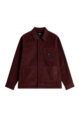 Veste en velours côtelé marron foncé avec col, fermeture à boutons et trois grandes poches avant, dont une avec un petit patch logo Vans.