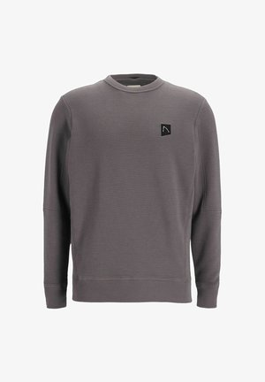 Svetlošedý rebrovaný mikina s dlhým rukávom, s okrúhlym výstrihom a malou čiernou nášivkou loga na ľavej hrudi.