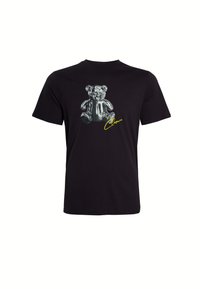 Black short-sleeve t-shirt featuring a glossy bear graphic on the front and a vibrant yellow "Closure" accent beneath it.