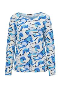 Langärmliges Oberteil aus leichtem Stoff mit einem geometrischen Blau- und Weißmuster, das winklige Formen und kontrastierende schwarze Umrisse aufweist.