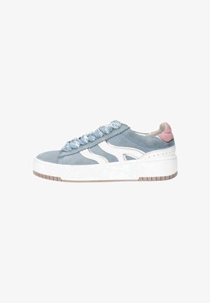 Light blue suede sneaker with white accents, featuring a thick white sole, textured blue laces, and a pink heel detail.