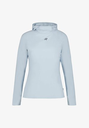 Sweat à capuche bleu clair à manches longues avec une silhouette ajustée et un petit logo "R" noir centré sur la poitrine.