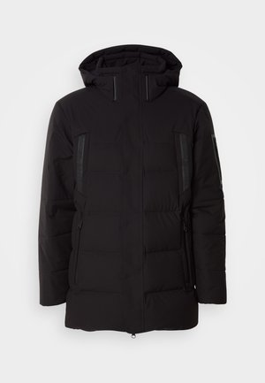 Black padded jacket featuring a hood, zippered pockets, and textured side accents. Material appears smooth with a matte finish.