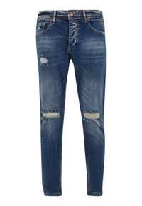 Jeans din denim albastru cu o croială slim, prezentând zone distresate, margini desfăcute și pete mai deschise. Design clasic cu cinci buzunare și închidere cu buton.