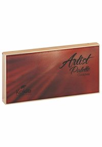 Konstnärspalett med en glänsande rödbrun yta, guldaccenter, med texten "Artist Palette Goddess" och en logotyp.