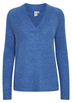 Kék V-nyakú pulóver, puha anyagból készült, hosszú ujjak jellemzik és textúrázott felülettel rendelkezik. A szín egységes, közepes kék árnyalatú.