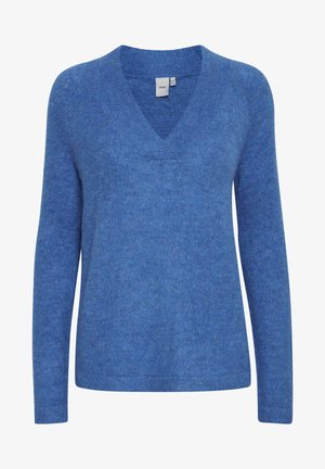 Pulover albastru cu decolteu în V, realizat dintr-o țesătură moale, având mâneci lungi și o textură fină. Culoarea este un nuanț uniform de albastru mediu.