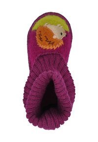 Lila Filzstiefel mit einem gestrickten Bündchen, das auf der Vorderseite ein gesticktes Igelmotiv zeigt und eine weiche Textur aufweist.