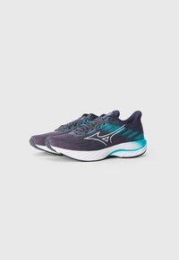 Dark grey running shoes with turquoise accents, textured mesh upper, white midsole, and rubber outsole, featuring a distinctive logo.
