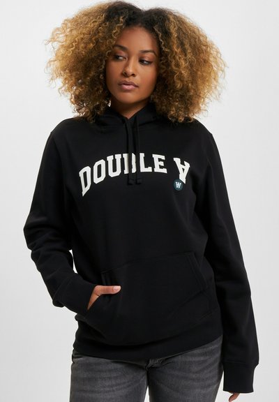 Black hoodie with "DOUBLE A" printed in white across the chest, featuring a front pocket and adjustable drawstring hood. Soft fabric.