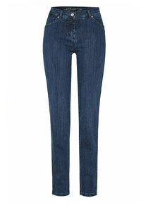 Jean slim en denim bleu foncé avec une taille haute. Il présente des poches avant et une fermeture à bouton, avec un léger délavage sur l'ensemble.