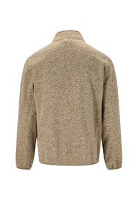 Beige polunderjacka med hög krage, mjuk textur och sidosömmar. Har lång ärm och en lätt rundad fåll.