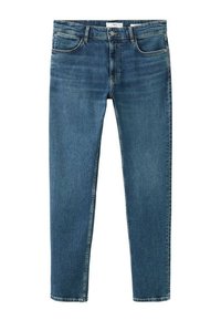 Jeans de mezclilla azul oscuro con un corte regular, diseño de cinco bolsillos, piernas rectas y detalles de costura minimalistas.