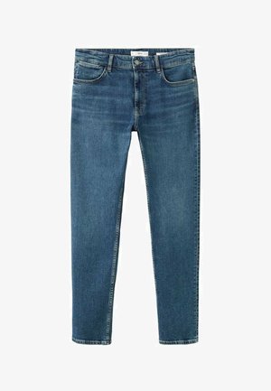 Jean en denim bleu foncé avec une coupe régulière, un design à cinq poches, des jambes droites et des détails de couture minimalistes.